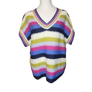 JODIFL Striped V Neck Short Sleeve Knit Sweater Top Size L Layered Work Casual